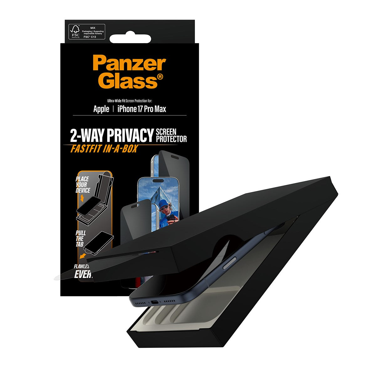 PanzerGlass® Privacy Screen Protector w. Black Frame iPhone 17 Pro Max | Ultra-Wide Fit w. FASTFIT IN-A-BOX