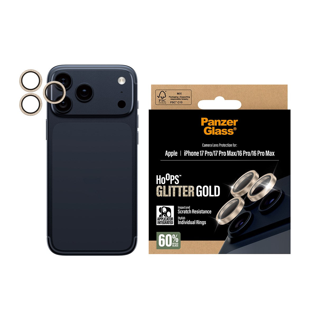 PanzerGlass® Hoops® Glitter Gold Camera Lens Protector iPhone 17 Pro | iPhone 17 Pro Max | iPhone 16 Pro | 16 Pro Max