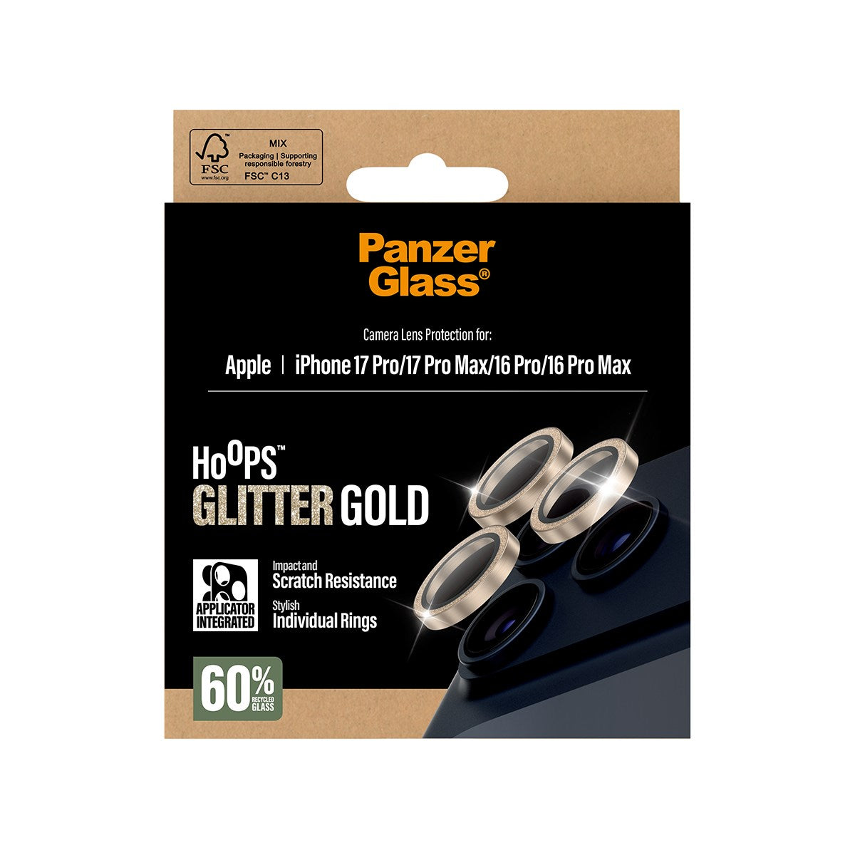 PanzerGlass® Hoops® Glitter Gold Camera Lens Protector iPhone 17 Pro | iPhone 17 Pro Max | iPhone 16 Pro | 16 Pro Max