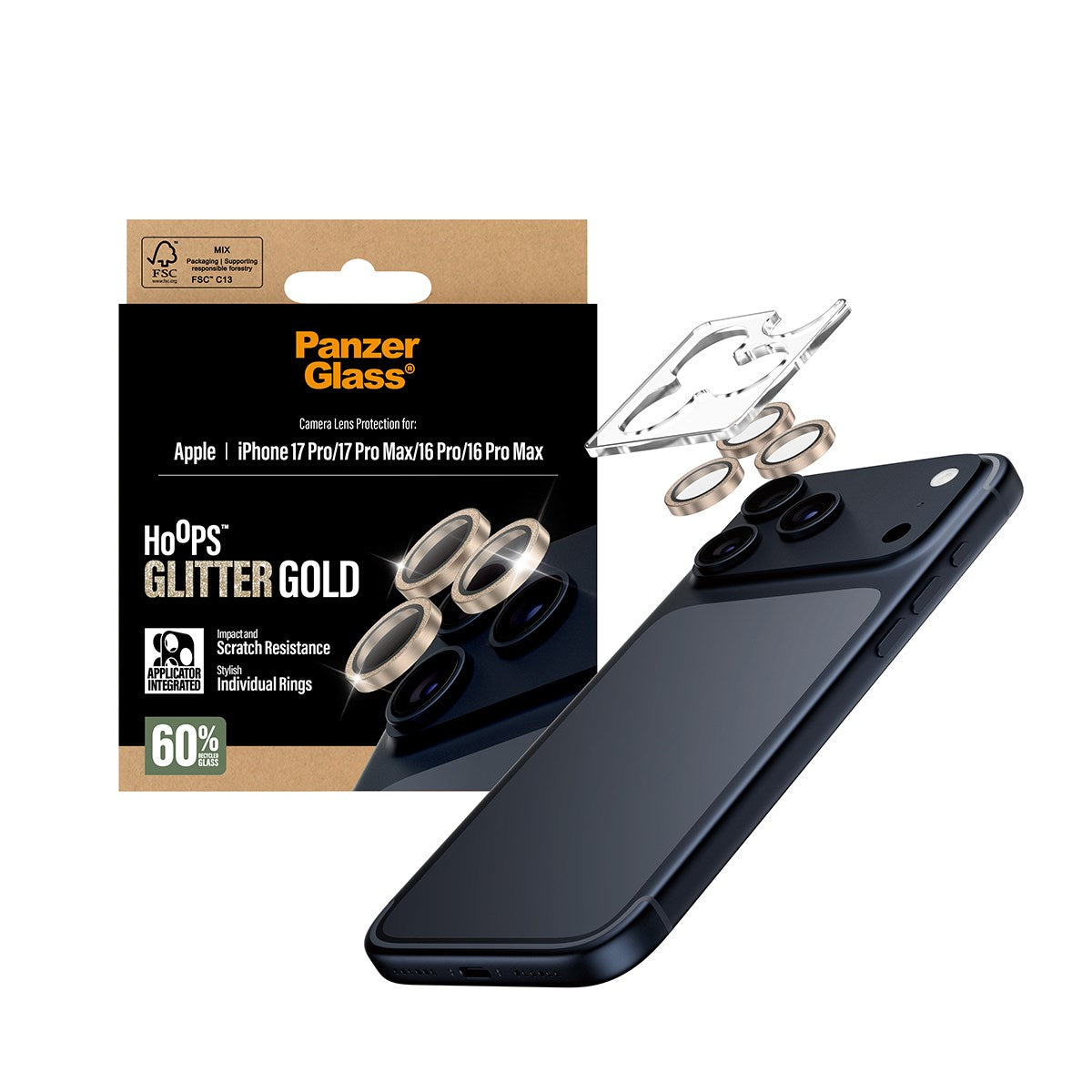 PanzerGlass® Hoops® Glitter Gold Camera Lens Protector iPhone 17 Pro | iPhone 17 Pro Max | iPhone 16 Pro | 16 Pro Max