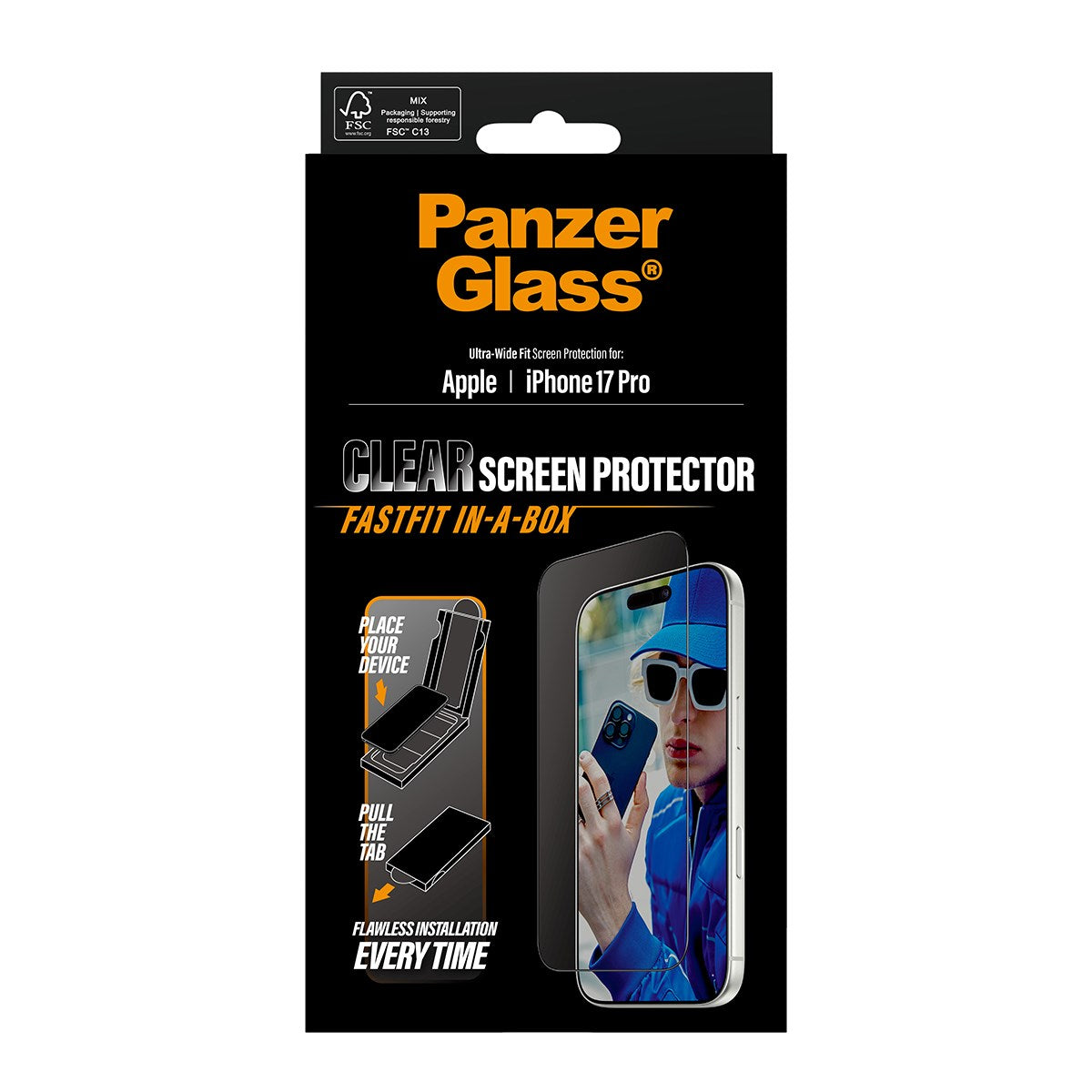 PanzerGlass® Screen Protector w. Black Frame iPhone 17 Pro | Ultra-Wide Fit w. FASTFIT IN-A-BOX