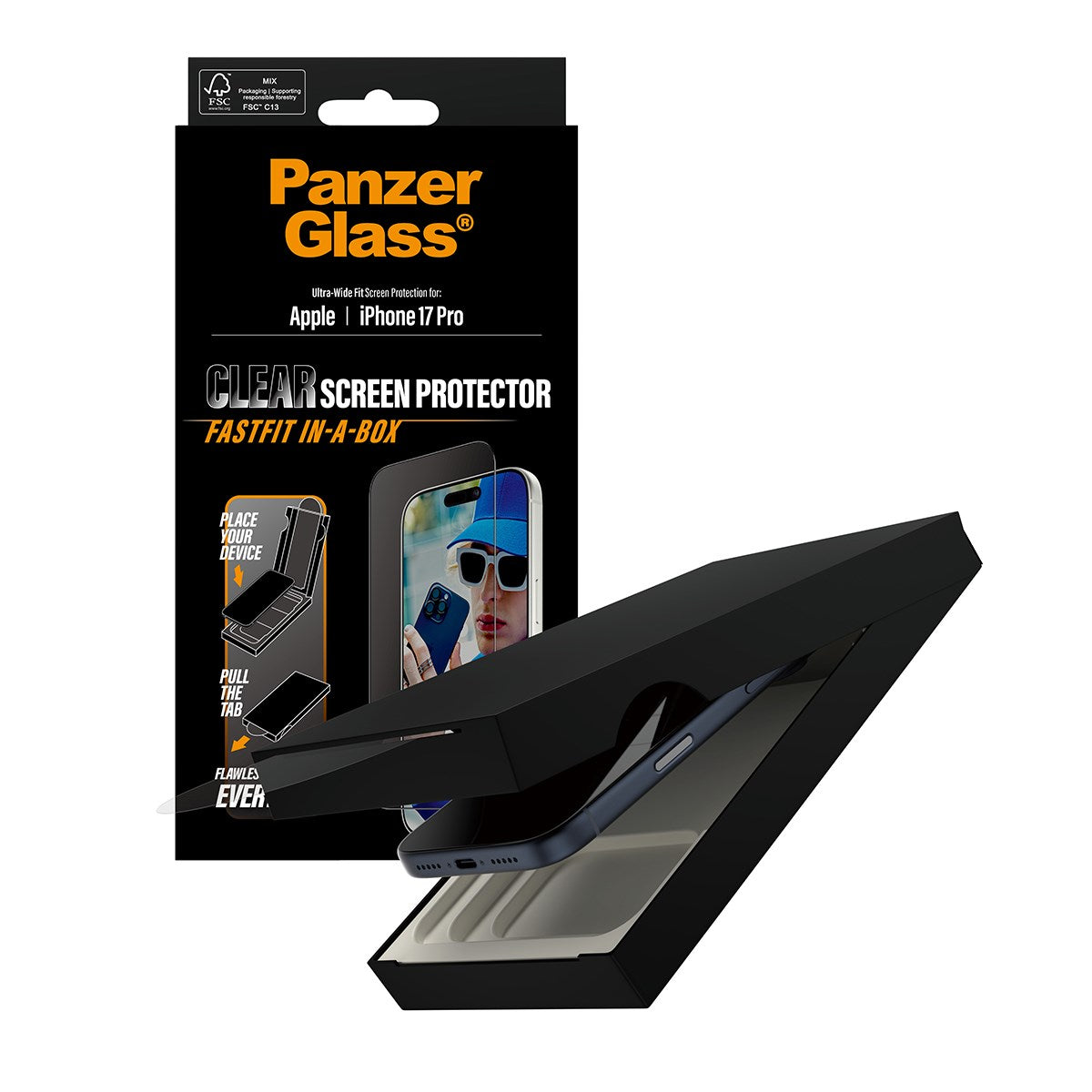 PanzerGlass® Screen Protector w. Black Frame iPhone 17 Pro | Ultra-Wide Fit w. FASTFIT IN-A-BOX