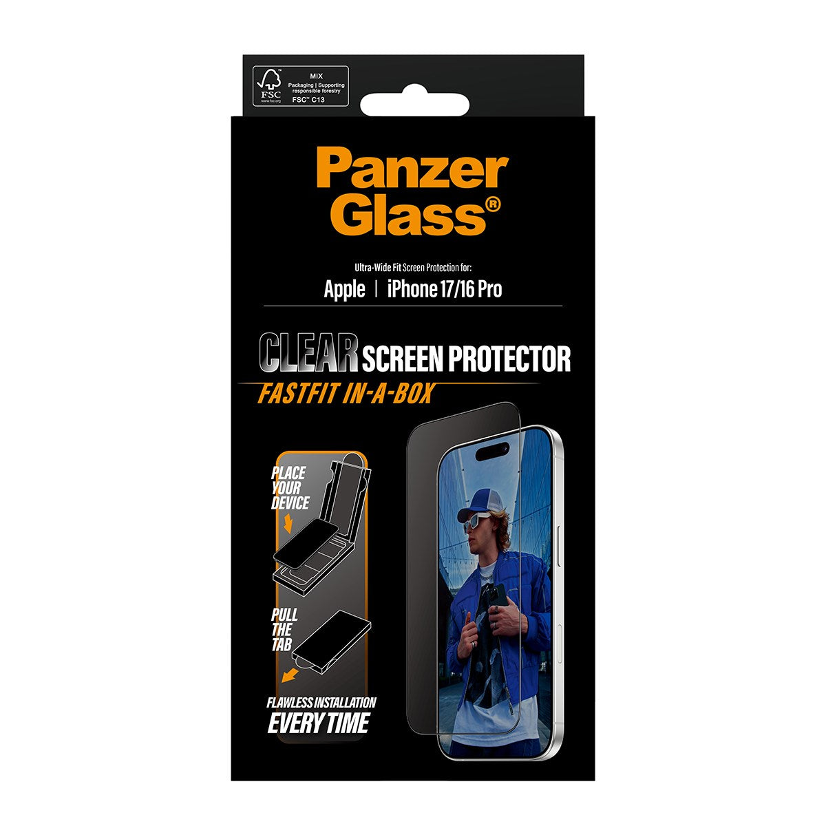PanzerGlass® Screen Protector w. Black Frame iPhone 17 | iPhone 16 Pro | Ultra-Wide Fit w. FASTFIT IN-A-BOX