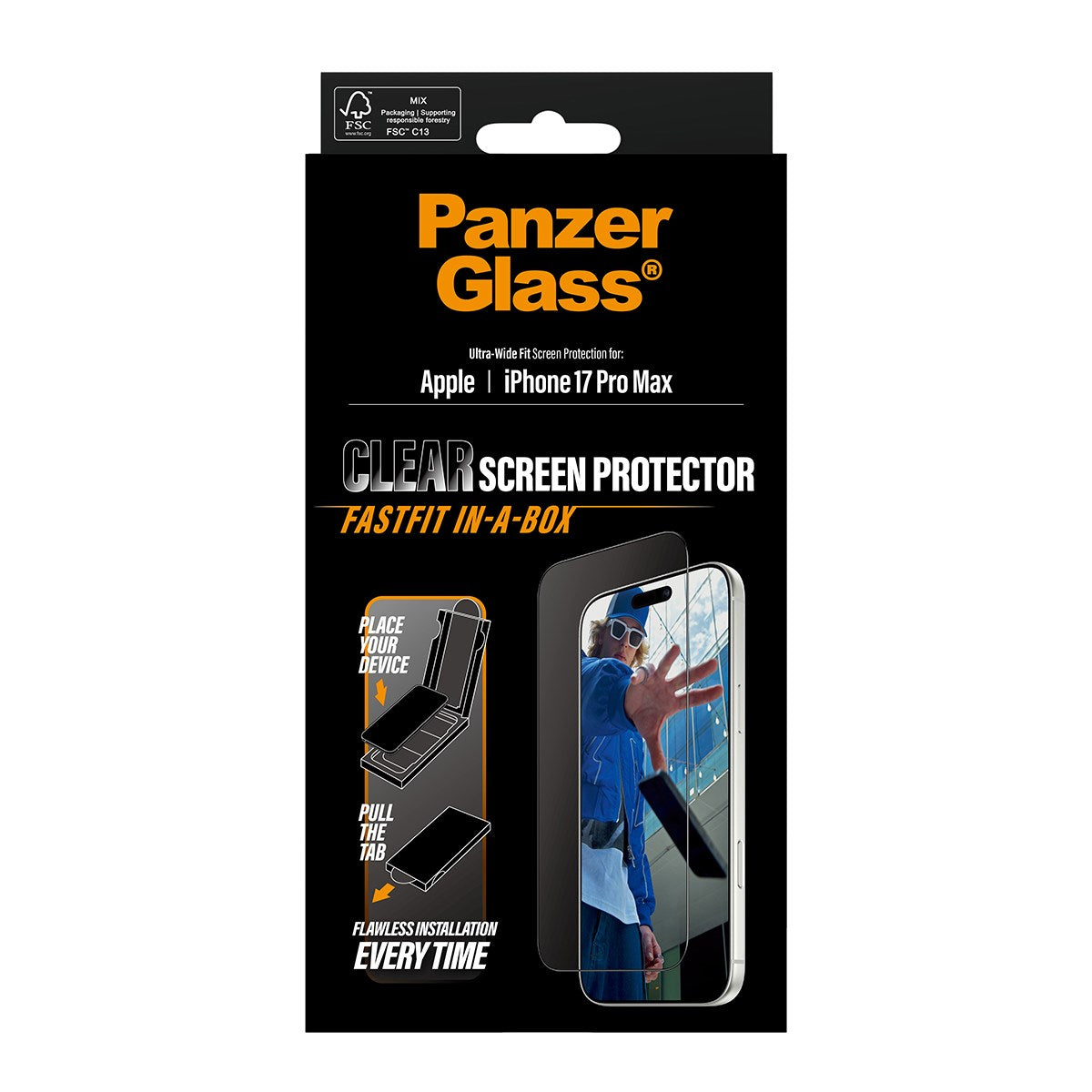 PanzerGlass® Screen Protector w. Black Frame iPhone 17 Pro Max | Ultra-Wide Fit w. FASTFIT IN-A-BOX