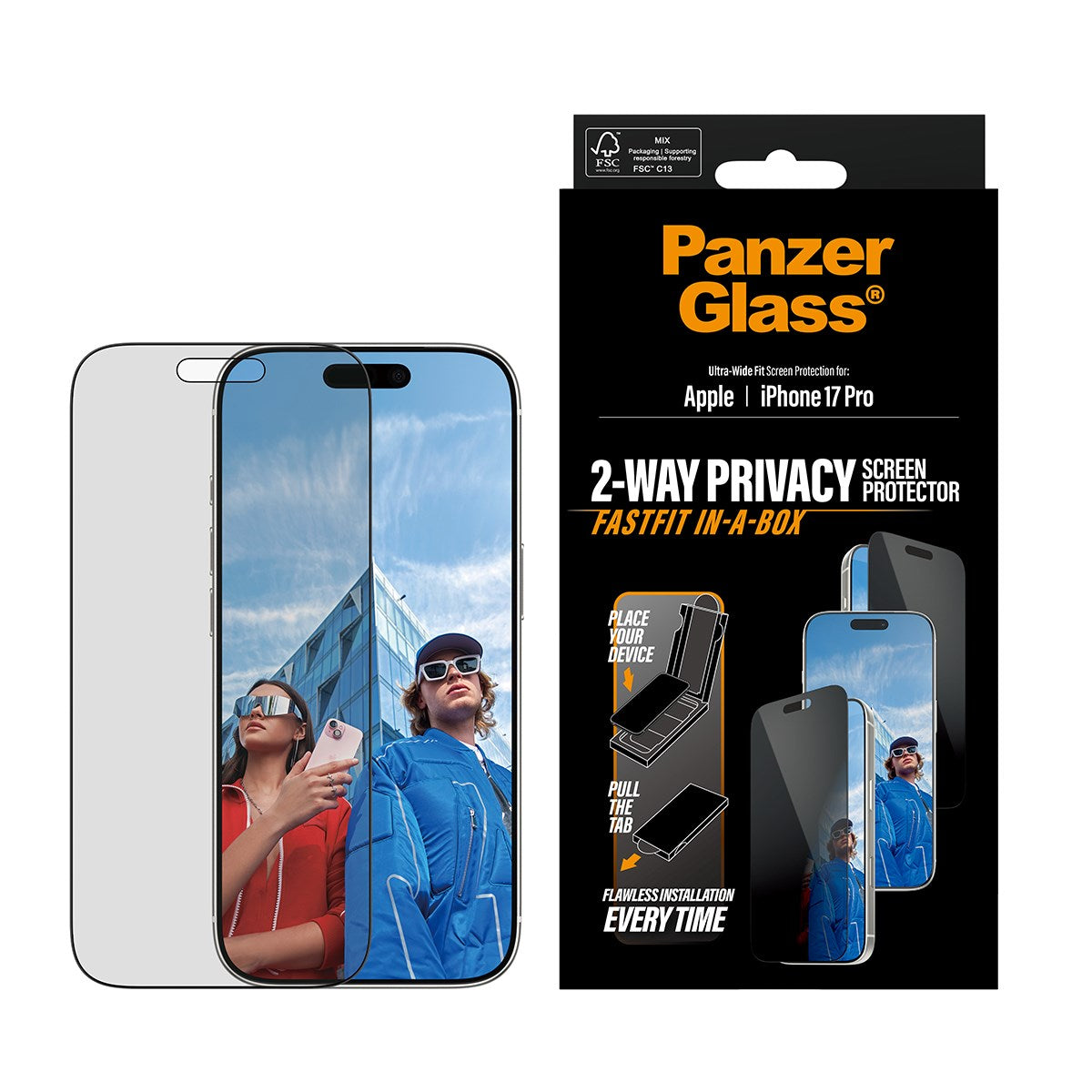 PanzerGlass® Privacy Screen Protector w. Black Frame iPhone 17 Pro | Ultra-Wide Fit w. FASTFIT IN-A-BOX