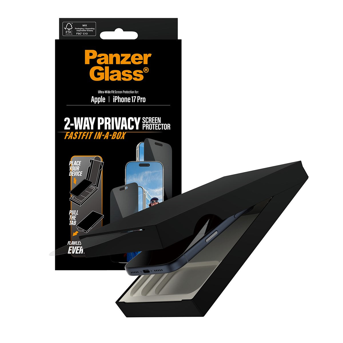 PanzerGlass® Privacy Screen Protector w. Black Frame iPhone 17 Pro | Ultra-Wide Fit w. FASTFIT IN-A-BOX