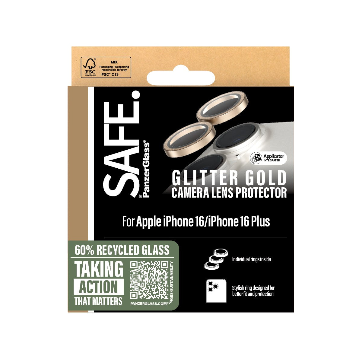 SAFE. by PanzerGlass® Camera Lens Protector Glitter Gold iPhone 16 | 16 Plus
