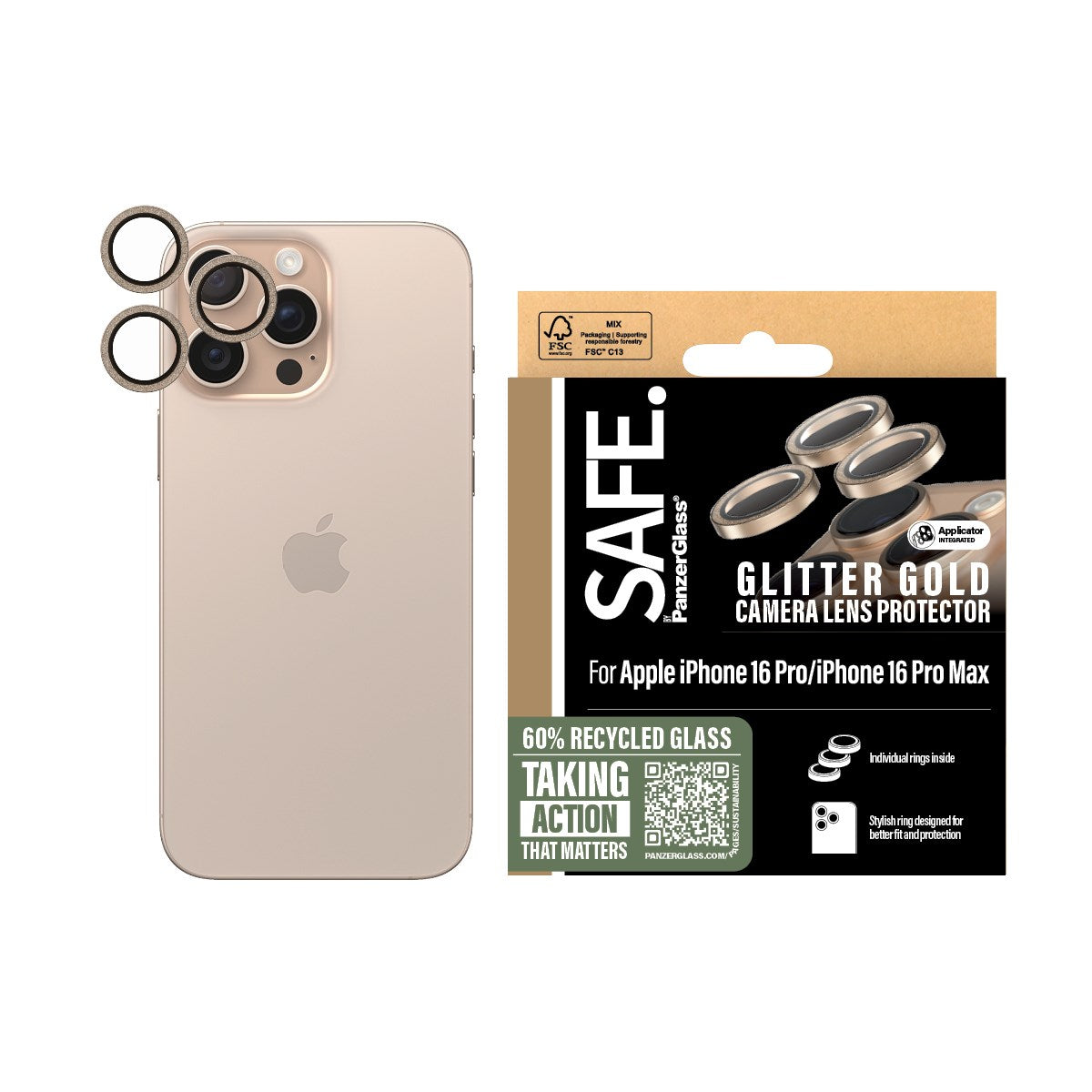 SAFE. by PanzerGlass® Camera Lens Protector Glitter Gold iPhone 16 Pro | 16 Pro Max