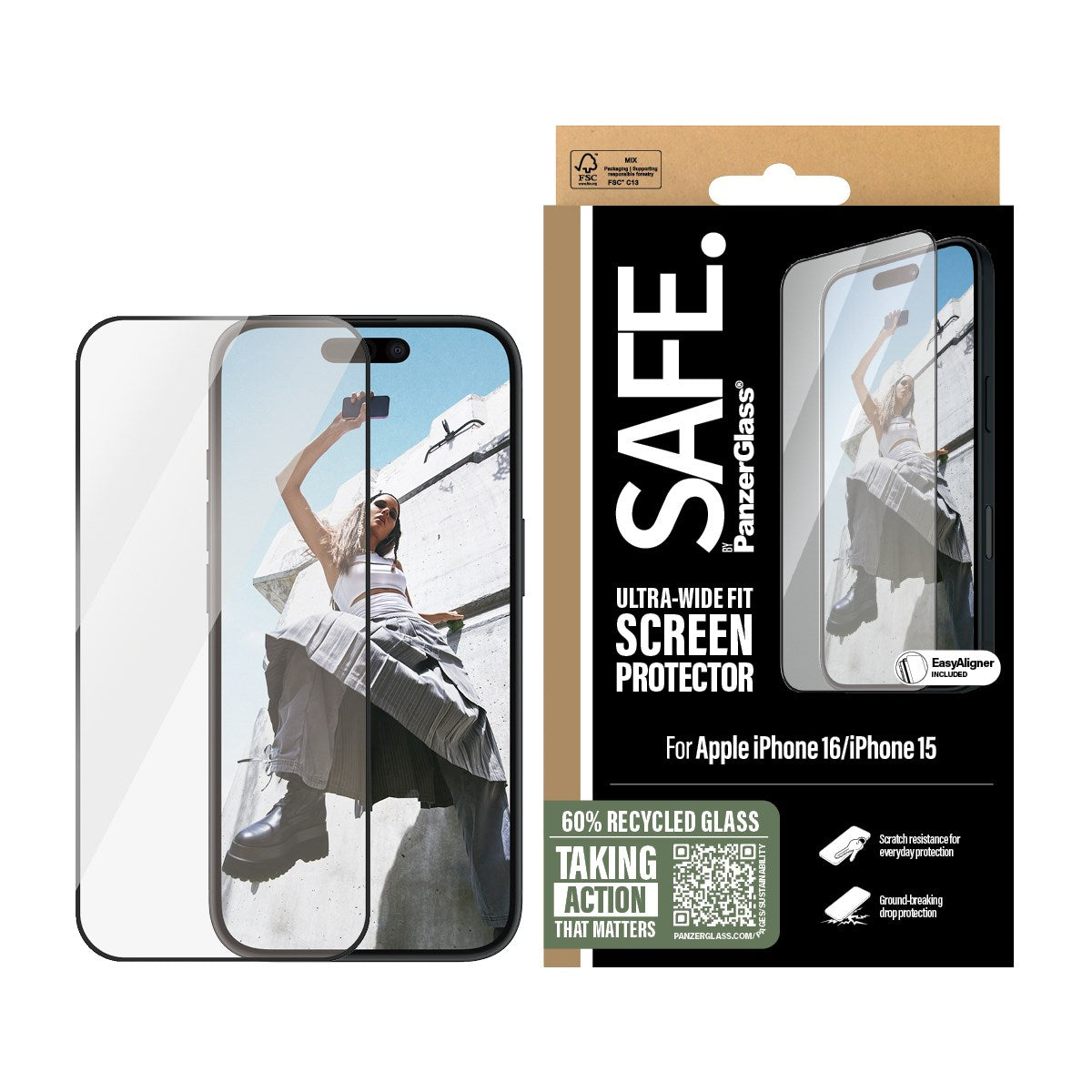 SAFE. by PanzerGlass® Screen Protection w. Black Frame iPhone 16 | 15 | Ultra-Wide Fit